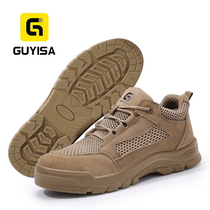 GUYISA 5115LKVT-1 Brown Work Safety Shoes with Standard Plastic Anti-Smashing Toe, Anti-Puncture Protection, 10KV Insulation, Double Density PU Sole, Suede Leather and Fly Woven Fabric
