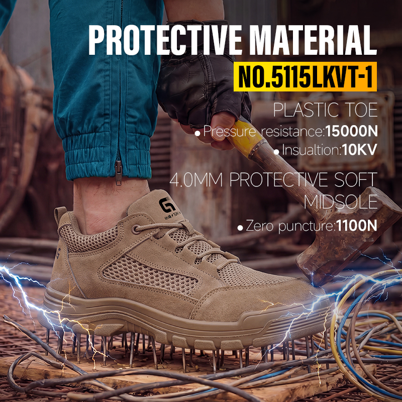 GUYISA 5115LKVT-1 Brown Work Safety Shoes with Standard Plastic Anti-Smashing Toe, Anti-Puncture Protection, 10KV Insulation, Double Density PU Sole, Suede Leather and Fly Woven Fabric