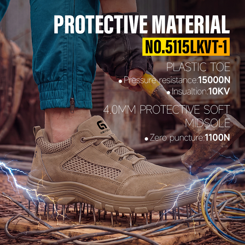 GUYISA 5115LKVT-1 Brown Work Safety Shoes with Standard Plastic Anti-Smashing Toe, Anti-Puncture Protection, 10KV Insulation, Double Density PU Sole, Suede Leather and Fly Woven Fabric