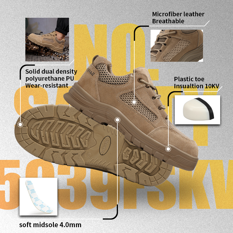 GUYISA 5115LKVT-1 Brown Work Safety Shoes with Standard Plastic Anti-Smashing Toe, Anti-Puncture Protection, 10KV Insulation, Double Density PU Sole, Suede Leather and Fly Woven Fabric