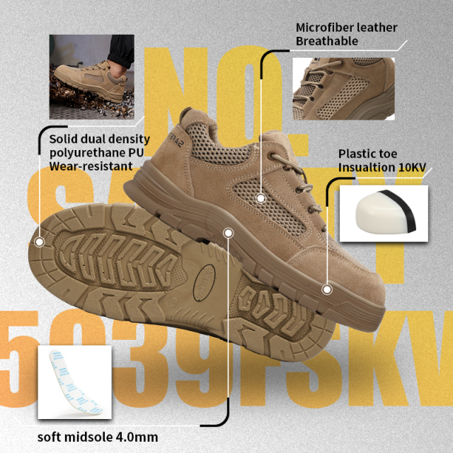 GUYISA 5115LKVT-1 Brown Work Safety Shoes with Standard Plastic Anti-Smashing Toe, Anti-Puncture Protection, 10KV Insulation, Double Density PU Sole, Suede Leather and Fly Woven Fabric