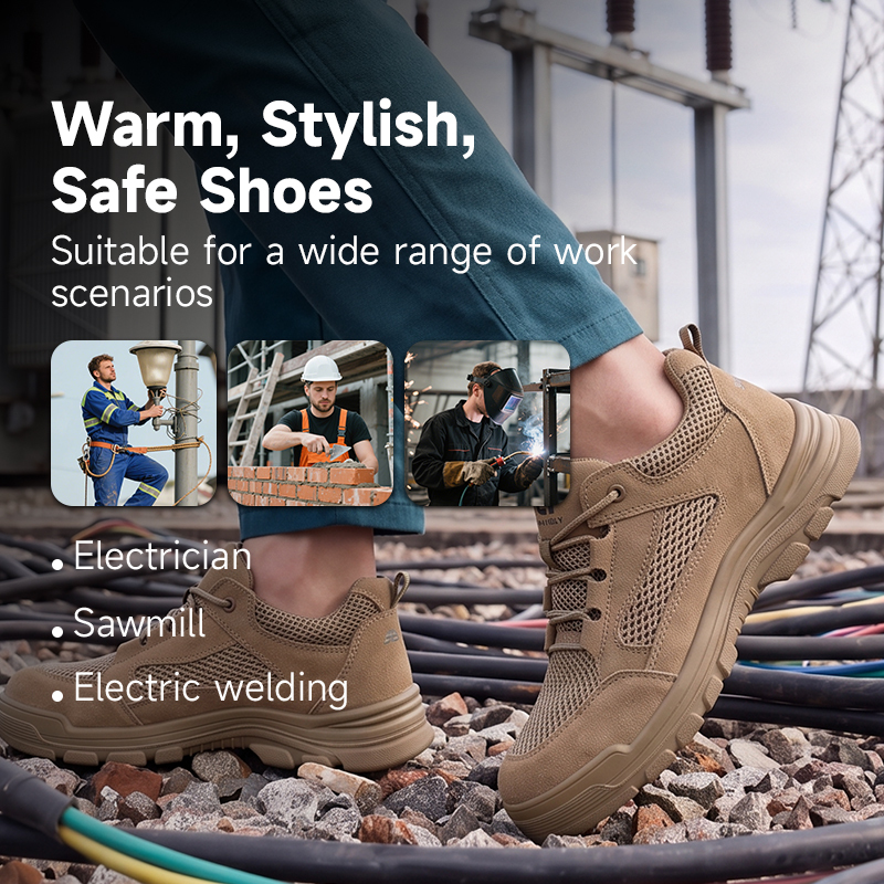 GUYISA 5115LKVT-1 Brown Work Safety Shoes with Standard Plastic Anti-Smashing Toe, Anti-Puncture Protection, 10KV Insulation, Double Density PU Sole, Suede Leather and Fly Woven Fabric