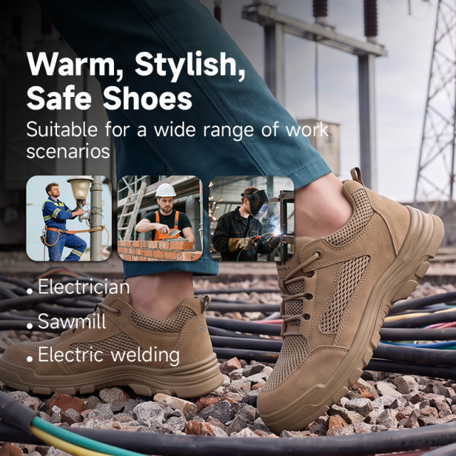GUYISA 5115LKVT-1 Brown Work Safety Shoes with Standard Plastic Anti-Smashing Toe, Anti-Puncture Protection, 10KV Insulation, Double Density PU Sole, Suede Leather and Fly Woven Fabric