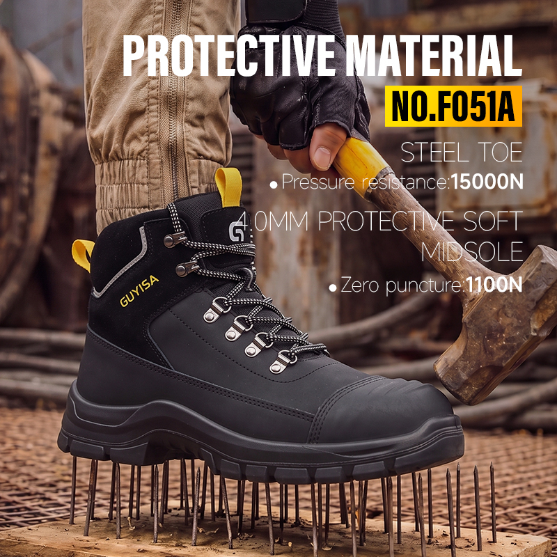 GUYISA F051A Black Hiking Safety Work Shoes | Steel Toe Anti-Static Dual Density PU Sole