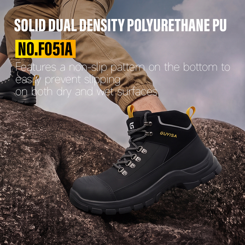GUYISA F051A Black Hiking Safety Work Shoes | Steel Toe Anti-Static Dual Density PU Sole