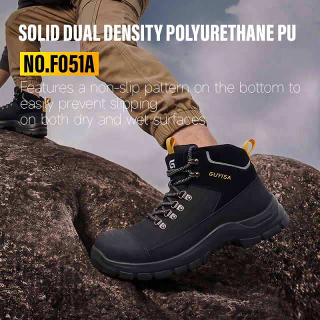 GUYISA F051A Black Hiking Safety Work Shoes | Steel Toe Anti-Static Dual Density PU Sole