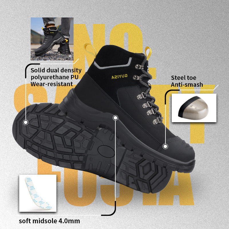 GUYISA F051A Black Hiking Safety Work Shoes | Steel Toe Anti-Static Dual Density PU Sole