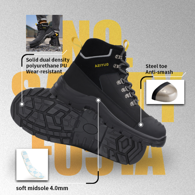 GUYISA F051A Black Hiking Safety Work Shoes | Steel Toe Anti-Static Dual Density PU Sole