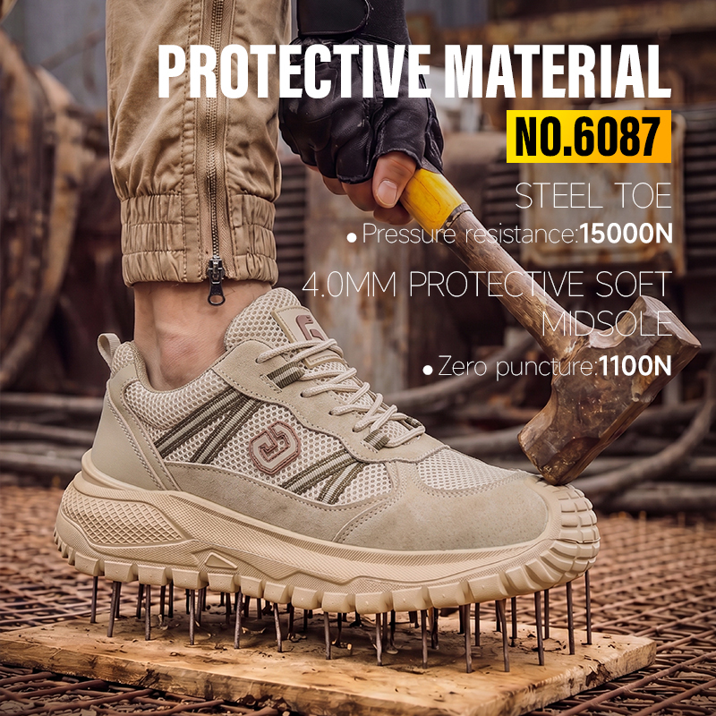 GUYISA 6087 Khaki All-Season Work Safety Shoes, EU Standard Steel Toe Anti-Smashing, Solid Dual-Density PU Outsole, Breathable Sandwich Mesh & Microfiber Upper with Hi-Poly Insole