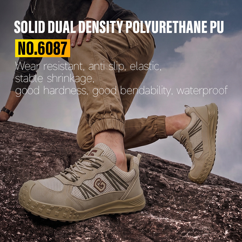 GUYISA 6087 Khaki All-Season Work Safety Shoes, EU Standard Steel Toe Anti-Smashing, Solid Dual-Density PU Outsole, Breathable Sandwich Mesh & Microfiber Upper with Hi-Poly Insole