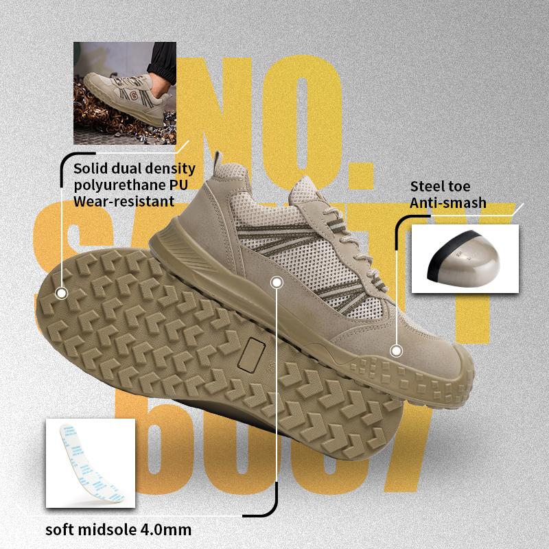 GUYISA 6087 Khaki All-Season Work Safety Shoes, EU Standard Steel Toe Anti-Smashing, Solid Dual-Density PU Outsole, Breathable Sandwich Mesh & Microfiber Upper with Hi-Poly Insole