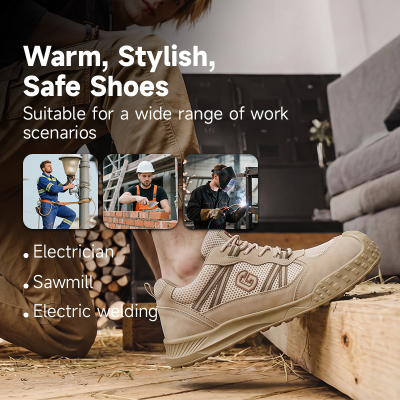 GUYISA 6087 Khaki All-Season Work Safety Shoes, EU Standard Steel Toe Anti-Smashing, Solid Dual-Density PU Outsole, Breathable Sandwich Mesh & Microfiber Upper with Hi-Poly Insole