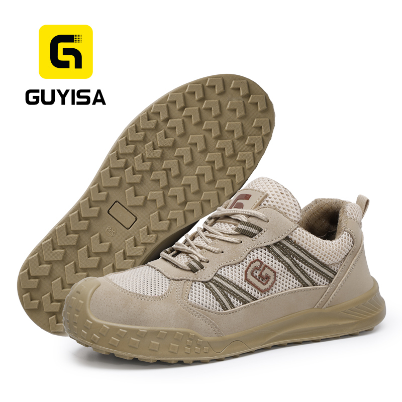 GUYISA 6087 Khaki All-Season Work Safety Shoes, EU Standard Steel Toe Anti-Smashing, Solid Dual-Density PU Outsole, Breathable Sandwich Mesh & Microfiber Upper with Hi-Poly Insole