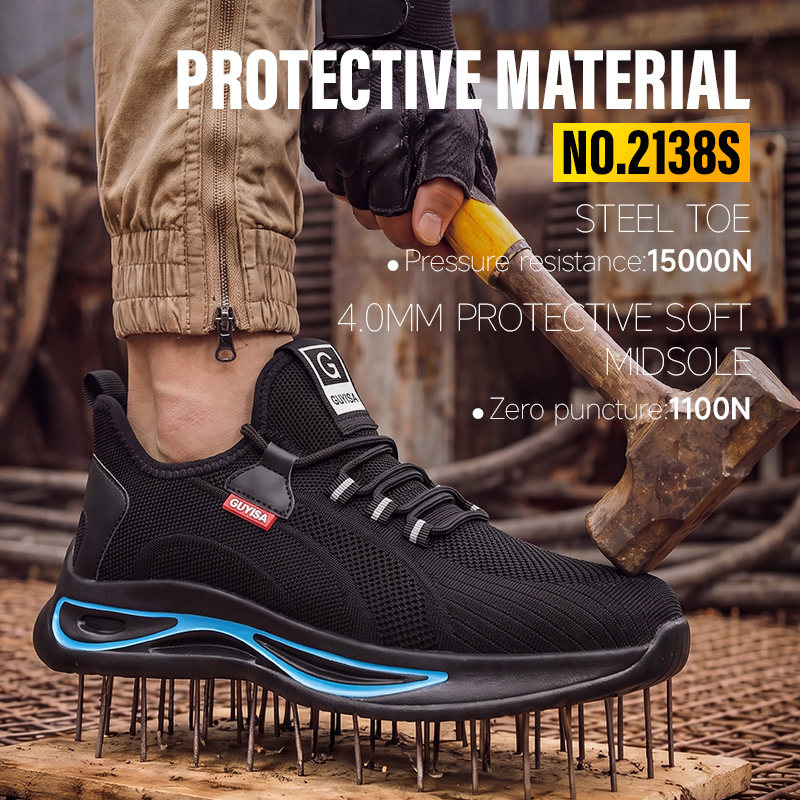 GUYISA 2138S Black Low Top All-Season Sport Safety Shoes, EU Steel Toe & Steel Anti-Puncture Plate, Dual Density PU Sole, Microfiber Fly Knit Sandwich Mesh Work Sneakers Hot Seller
