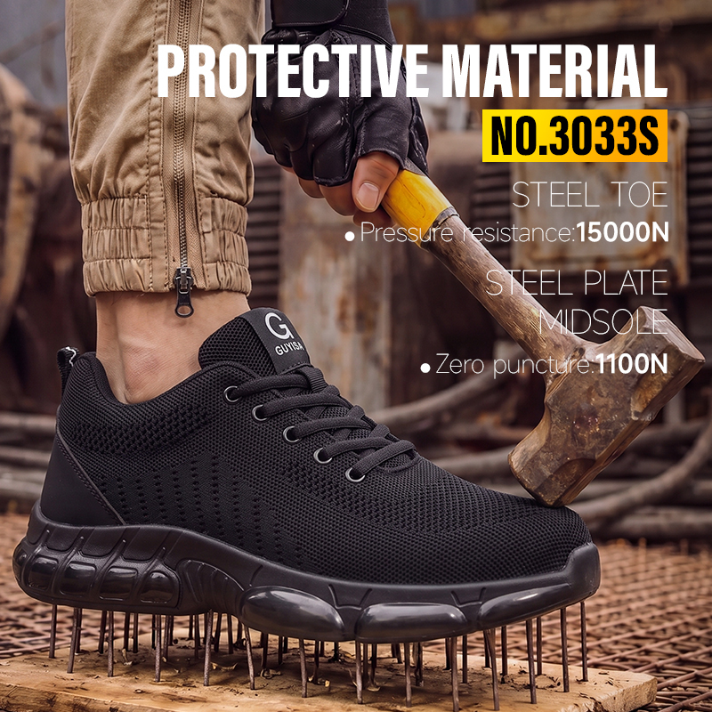 GUYISA 3033S Black Low Top All-Season Sport Safety Shoes, EU Steel Toe & Steel Anti-Puncture Plate, Solid Dual Density PU Outsole, Microfiber Fly Woven Mesh Work Sneakers Hot Seller