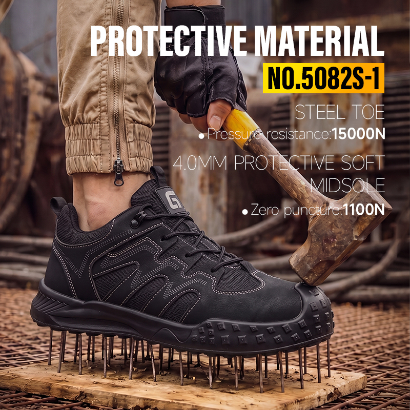 GUYISA 5082S-1 Black Low Top All-Season Hiking Safety Shoes, EU Steel Toe Anti-Smash Anti-Puncture, Solid Dual Density PU Outsole, Microfiber Steel Wire Cloth Fly Woven Mesh Work Footwear