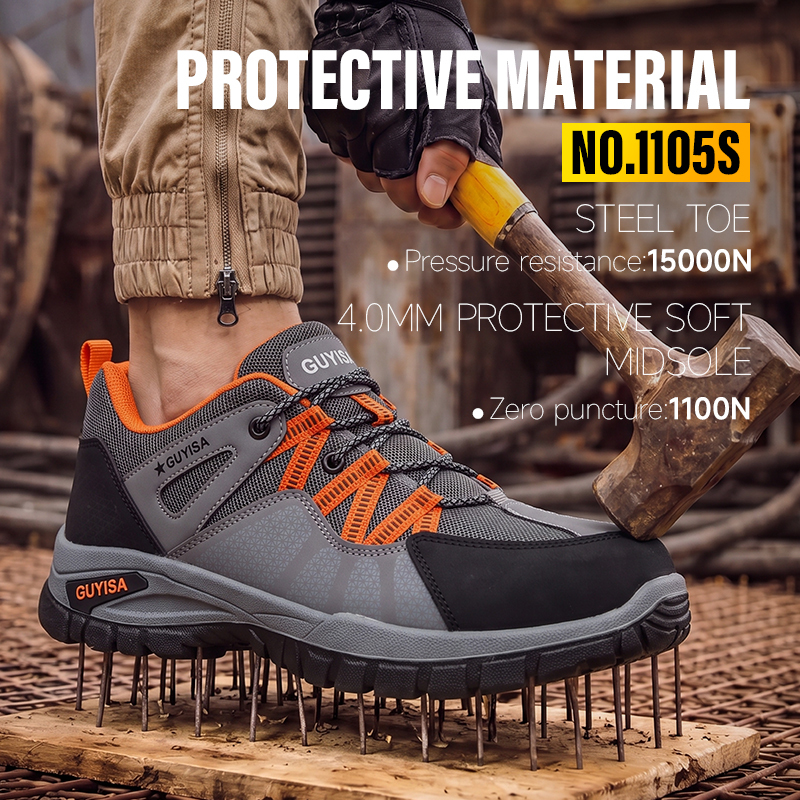 New GUYISA 1105S Gray Hiking Safety Shoes | EU Steel Toe Anti-Smash,  Dual Density PU, Fly Woven Mesh Work Boots