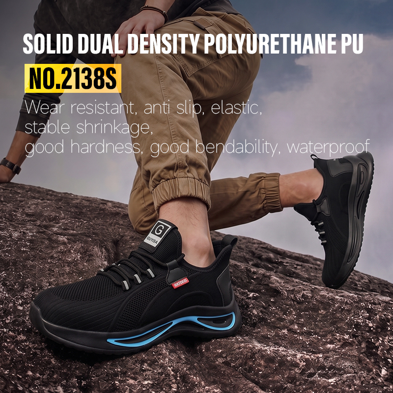 GUYISA 2138S Black Low Top All-Season Sport Safety Shoes, EU Steel Toe & Steel Anti-Puncture Plate, Dual Density PU Sole, Microfiber Fly Knit Sandwich Mesh Work Sneakers Hot Seller