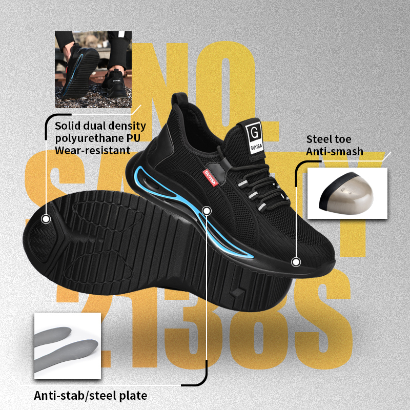 GUYISA 2138S Black Low Top All-Season Sport Safety Shoes, EU Steel Toe & Steel Anti-Puncture Plate, Dual Density PU Sole, Microfiber Fly Knit Sandwich Mesh Work Sneakers Hot Seller