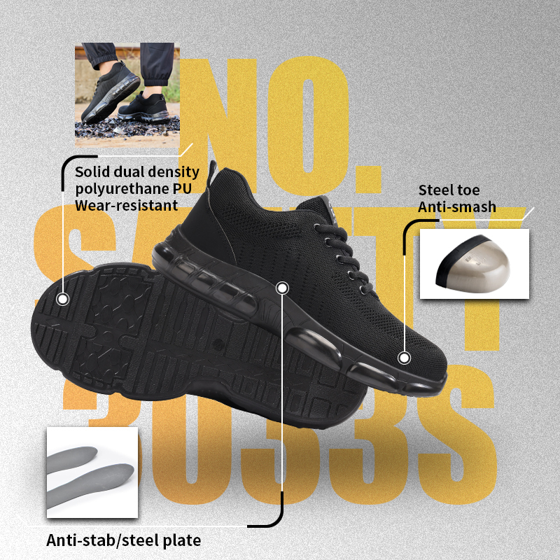 GUYISA 3033S Black Low Top All-Season Sport Safety Shoes, EU Steel Toe & Steel Anti-Puncture Plate, Solid Dual Density PU Outsole, Microfiber Fly Woven Mesh Work Sneakers Hot Seller