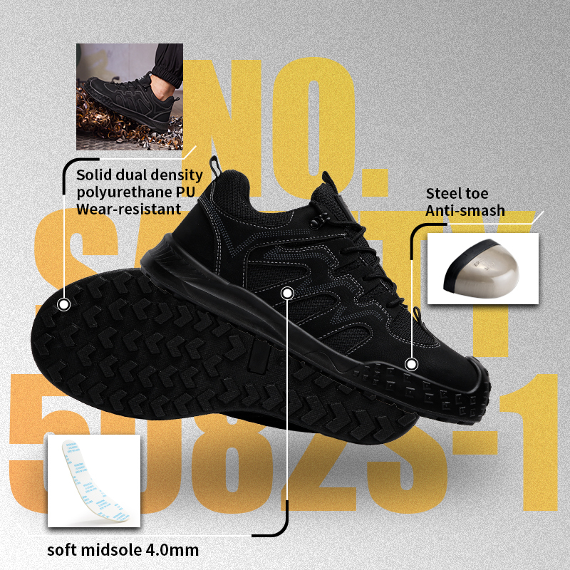 GUYISA 5082S-1 Black Low Top All-Season Hiking Safety Shoes, EU Steel Toe Anti-Smash Anti-Puncture, Solid Dual Density PU Outsole, Microfiber Steel Wire Cloth Fly Woven Mesh Work Footwear