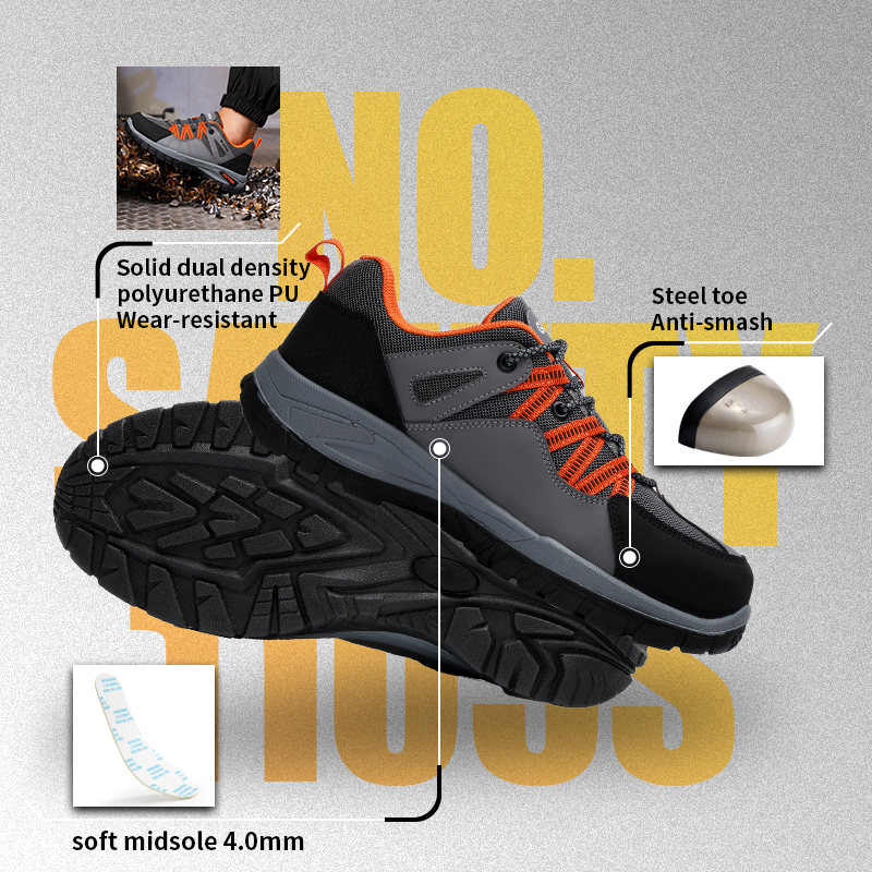 New GUYISA 1105S Gray Hiking Safety Shoes | EU Steel Toe Anti-Smash,  Dual Density PU, Fly Woven Mesh Work Boots