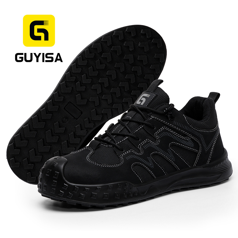 GUYISA 5082S-1 Black Low Top All-Season Hiking Safety Shoes, EU Steel Toe Anti-Smash Anti-Puncture, Solid Dual Density PU Outsole, Microfiber Steel Wire Cloth Fly Woven Mesh Work Footwear