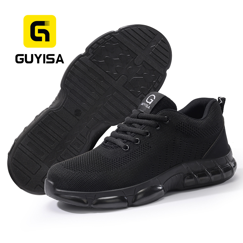 GUYISA 3033S Black Low Top All-Season Sport Safety Shoes, EU Steel Toe & Steel Anti-Puncture Plate, Solid Dual Density PU Outsole, Microfiber Fly Woven Mesh Work Sneakers Hot Seller