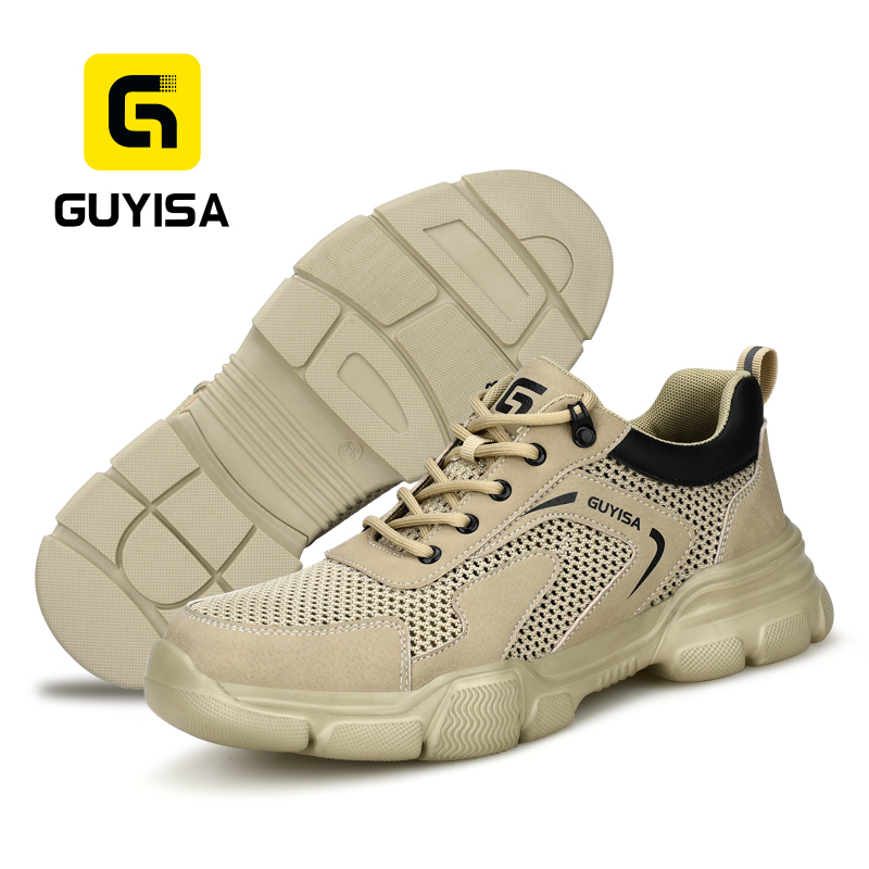 GUYISA steel toe puncture resistant flyknit upper safety shoes for industrial work EVA outsole beige color summer low top
