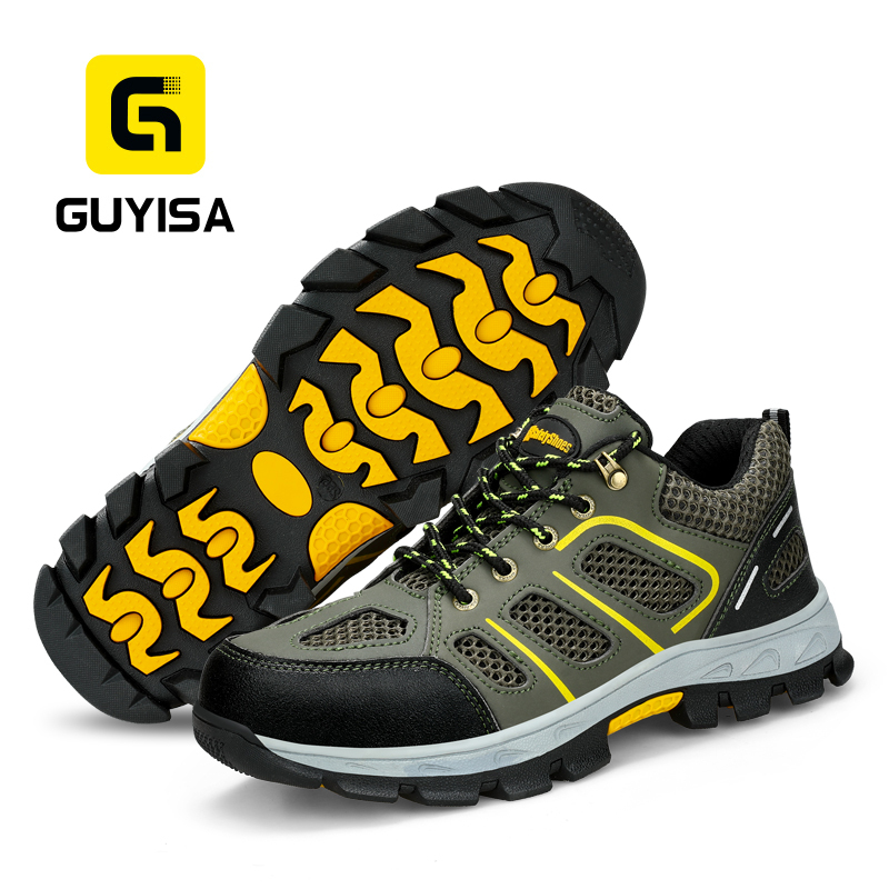 GUYISA Steel Toe Puncture Resistant Industrial Work Low Top Safety Shoes Microfiber and Mesh Upper Rubber Sole Green Summer
