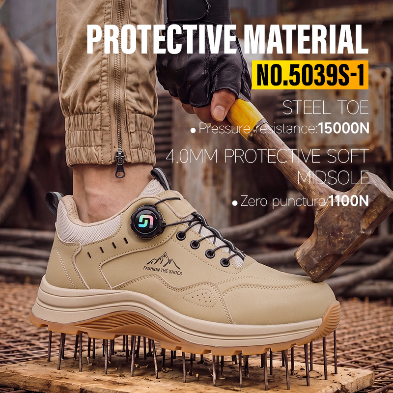 GUYISA safety shoes steel toe puncture resistant microfiber steel mesh dual density PU sole industrial work all season khaki