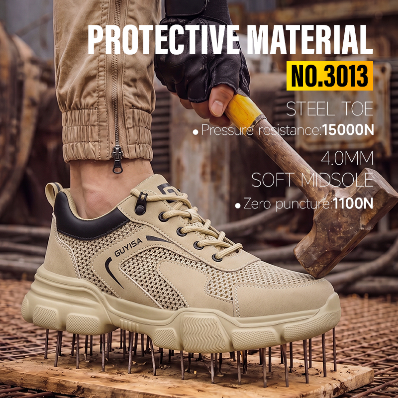 GUYISA steel toe puncture resistant flyknit upper safety shoes for industrial work EVA outsole beige color summer low top