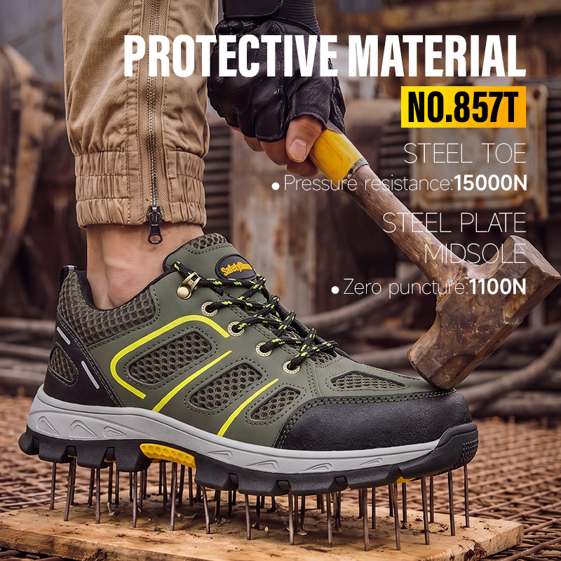 GUYISA Steel Toe Puncture Resistant Industrial Work Low Top Safety Shoes Microfiber and Mesh Upper Rubber Sole Green Summer