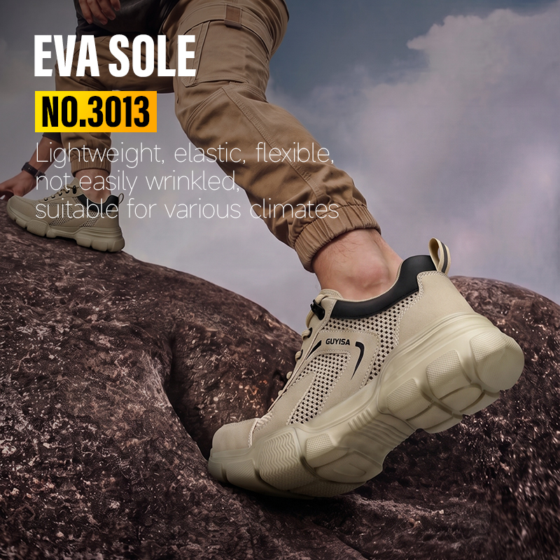 GUYISA steel toe puncture resistant flyknit upper safety shoes for industrial work EVA outsole beige color summer low top