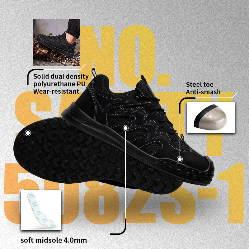 GUYISA steel toe puncture resistant safety shoes dual density PU sole microfibre and steel wire upper industrial work black