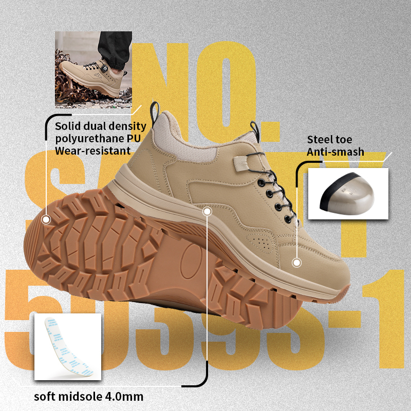GUYISA safety shoes steel toe puncture resistant microfiber steel mesh dual density PU sole industrial work all season khaki