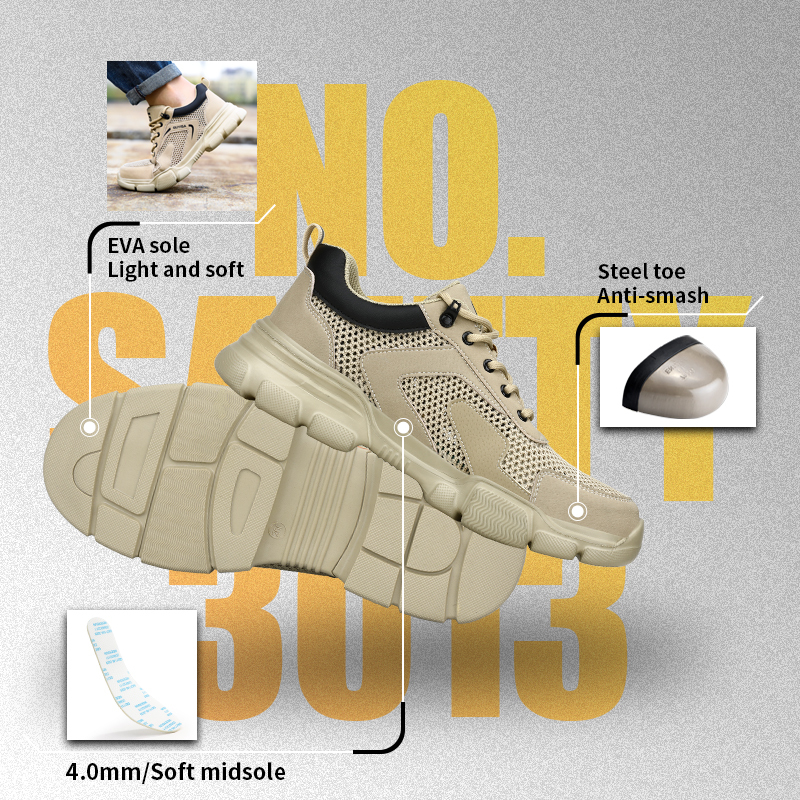 GUYISA steel toe puncture resistant flyknit upper safety shoes for industrial work EVA outsole beige color summer low top