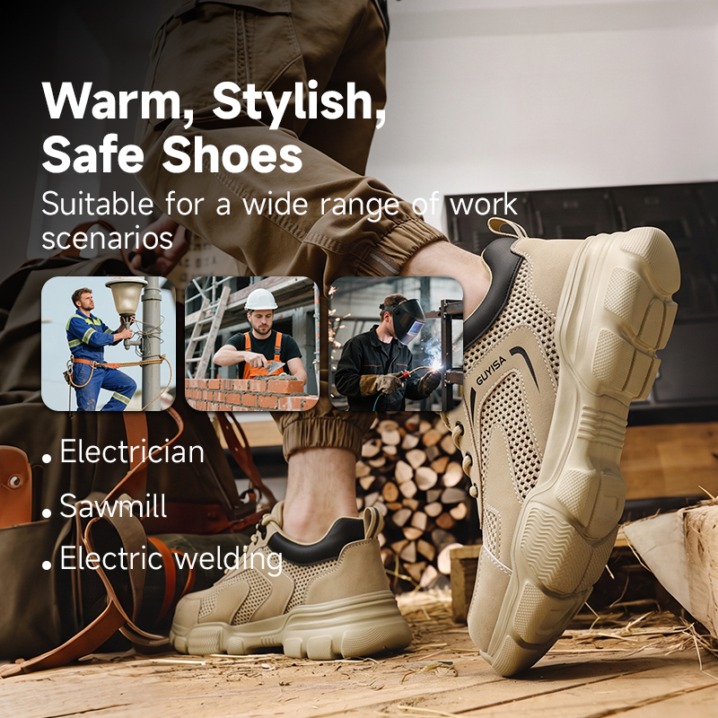 GUYISA steel toe puncture resistant flyknit upper safety shoes for industrial work EVA outsole beige color summer low top