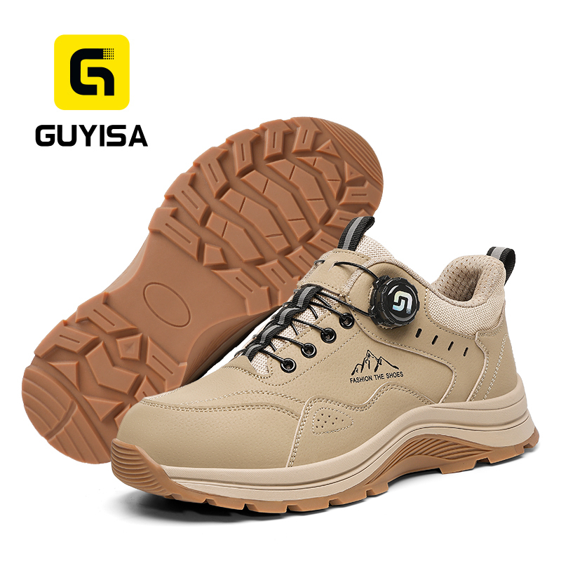 GUYISA safety shoes steel toe puncture resistant microfiber steel mesh dual density PU sole industrial work all season khaki