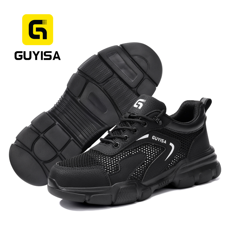 GUYISA steel toe puncture resistant safety shoes flyknit and microfiber upper rubber sole breathable industrial work black