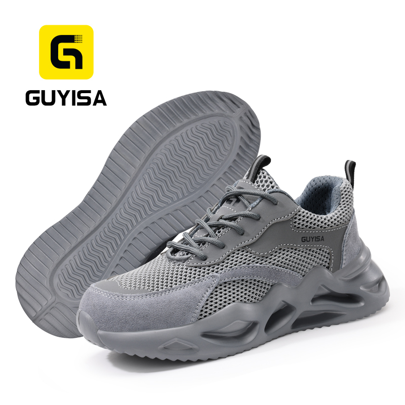 GUYISA Steel Toe Puncture Resistant Safety Shoes Breathable Flyknit Suede Microfiber EVA Sole Industrial Work Summer Grey