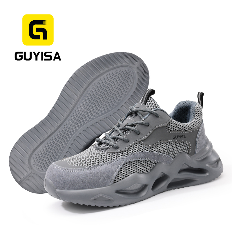 GUYISA Steel Toe Puncture Resistant Safety Shoes Breathable Flyknit Suede Microfiber EVA Sole Industrial Work Summer Grey