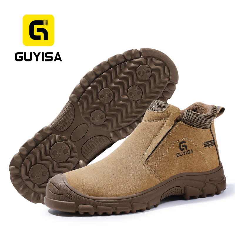 GUYISA high top safety boot steel toe puncture resistant steel midsole suede leather upper rubber sole welding work brown