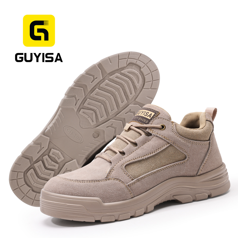 GUYISA Steel Toe Puncture Resistant Safety Shoes Suede Canvas Upper Steel Plate Dual Density PU Sole Industrial Work Khaki