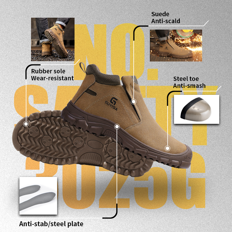 GUYISA high top safety boot steel toe puncture resistant steel midsole suede leather upper rubber sole welding work brown