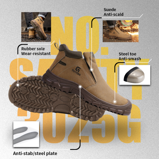 GUYISA high top safety boot steel toe puncture resistant steel midsole suede leather upper rubber sole welding work brown