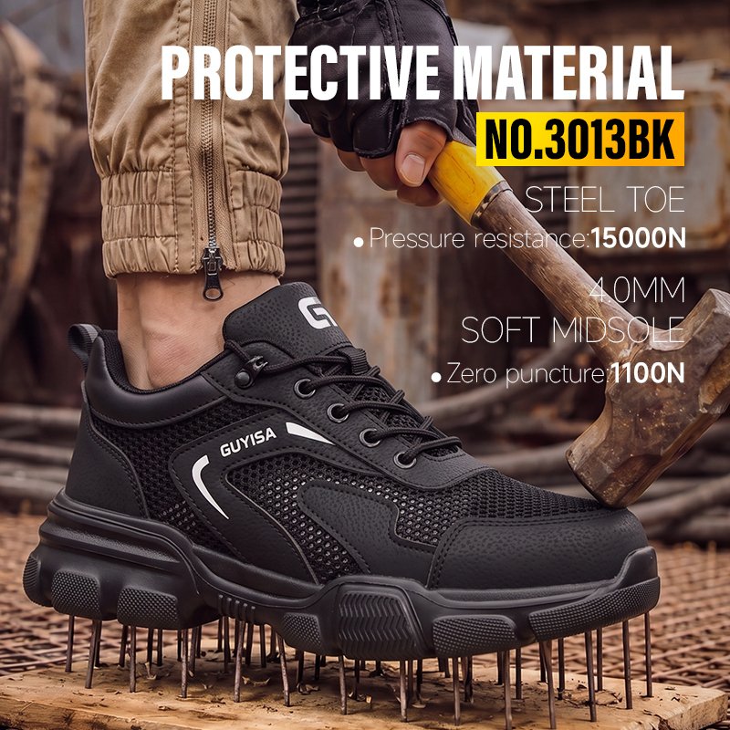 GUYISA steel toe puncture resistant safety shoes flyknit and microfiber upper rubber sole breathable industrial work black