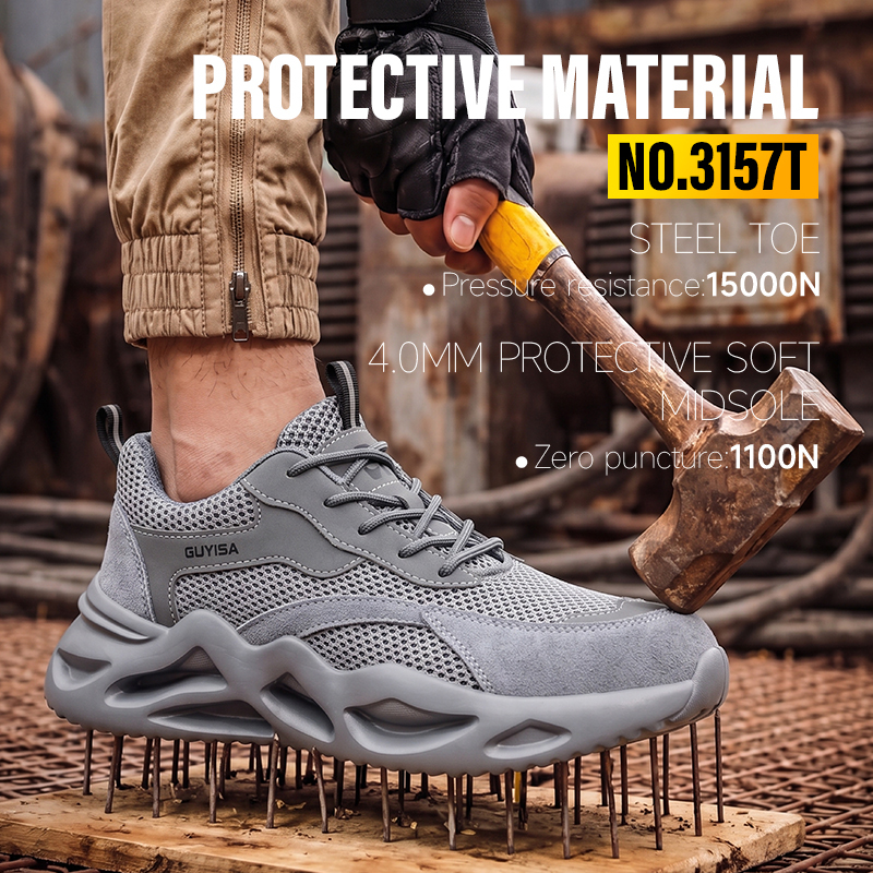 GUYISA Steel Toe Puncture Resistant Safety Shoes Breathable Flyknit Suede Microfiber EVA Sole Industrial Work Summer Grey