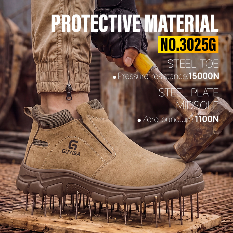 GUYISA high top safety boot steel toe puncture resistant steel midsole suede leather upper rubber sole welding work brown