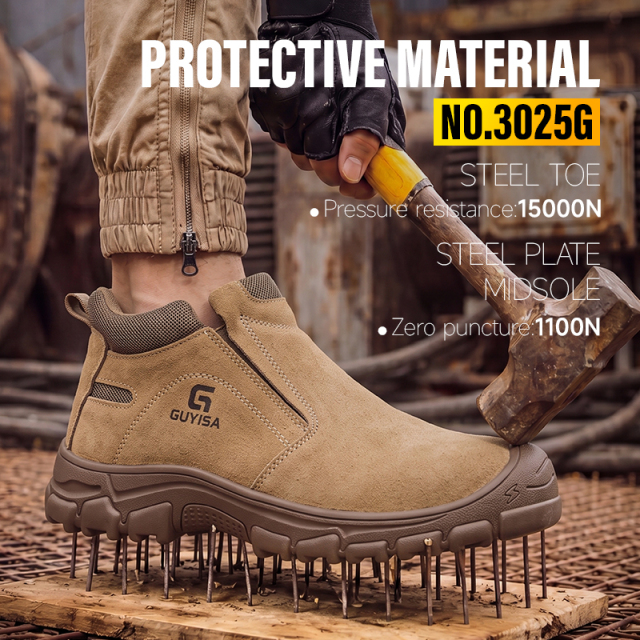 GUYISA high top safety boot steel toe puncture resistant steel midsole suede leather upper rubber sole welding work brown
